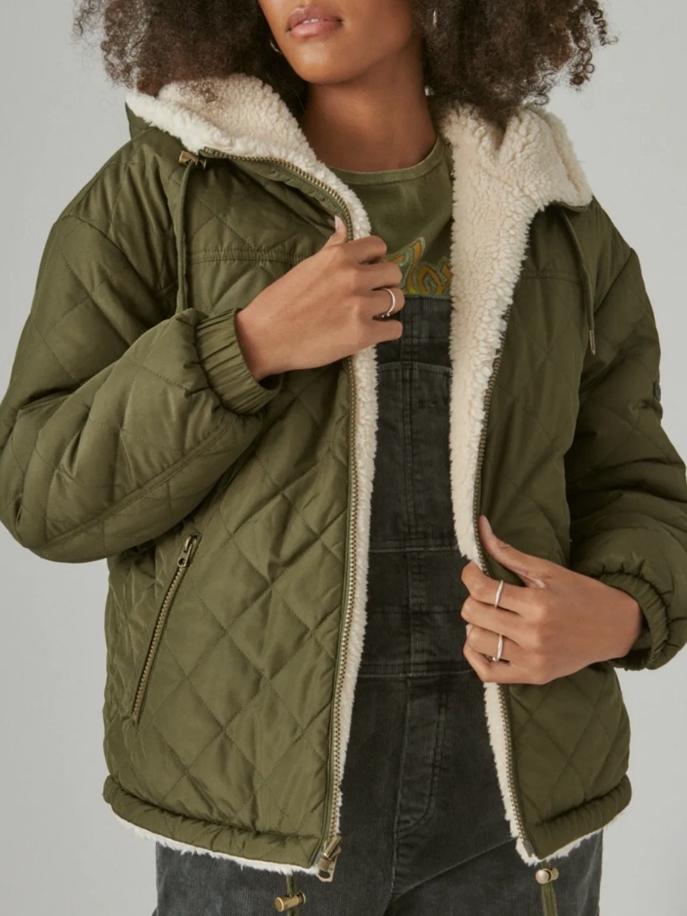 Lucky Brand Olive Quilted Sherpa-Lined Puffer Jacket Reversible